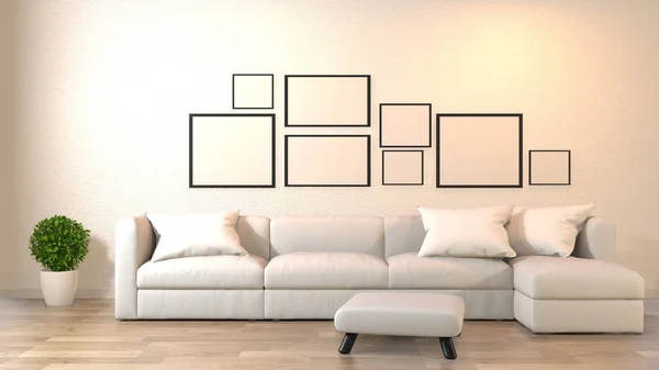 Modern Zen nappali kanapéval és bútorokkal japán Style. 3D — Stock Fotó