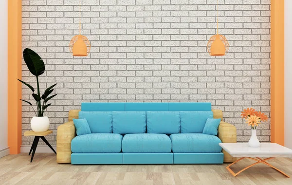 Loft interior mock up with sofa and decoration and white brick w