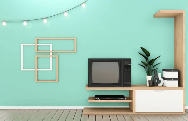 Mensola TV in camera menta moderno stile tropicale - stanza vuota interio — Foto Stock