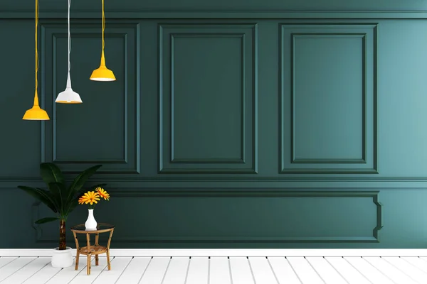 Vyprázdnit interiér luxusní místnosti s tmavě zelenou stěnou na bílém dřevěném — Stock fotografie