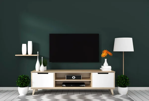 Smart Tv con pantalla en blanco colgando en la pared verde oscuro en whi — Foto de Stock