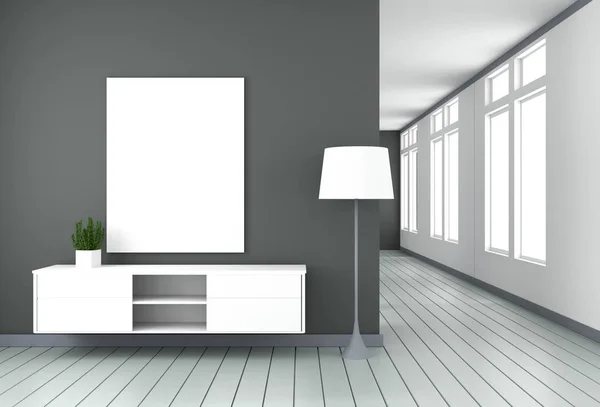TV-skåp i svart modernt rum, minimal design, Zen stil. 3D r — Stockfoto
