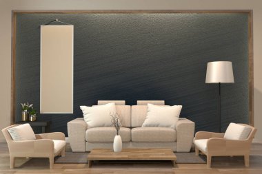 minimal interior design dark room zen style with sofa, arm chair clipart