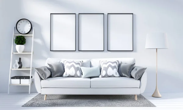 Białe Wnętrze salonu w stylu skandynawskim. Renderowanie 3D — Zdjęcie stockowe