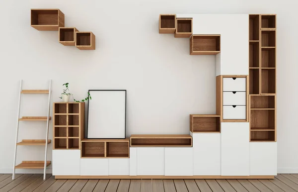 Cabinet design mockup in modern empty room,white floor wooden on