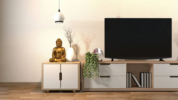 Design de interiores, sala de estar moderna com tv inteligente, mesa, lâmpada, madeira — Fotografia de Stock