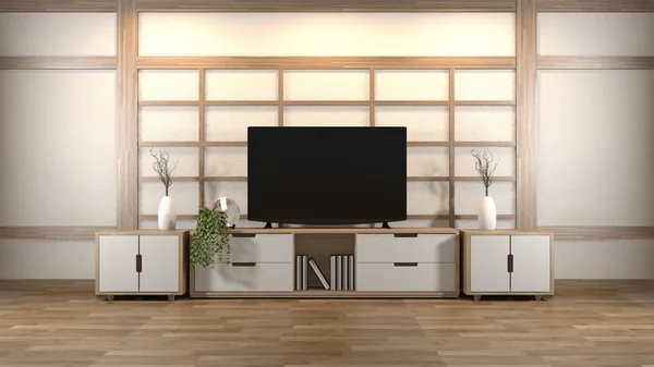 Desain interior, ruang tamu modern dengan tv pintar, meja, lampu, kayu — Stok Foto