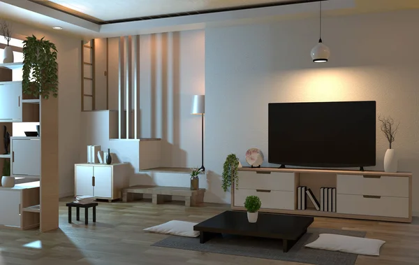 Wnętrze salonu Zen styl z Smart TV i styl dekoracji — Zdjęcie stockowe