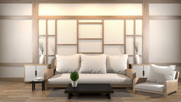 Desain interior zen ruang tamu dengan meja rendah, bantal, bingkai, lampu — Stok Foto