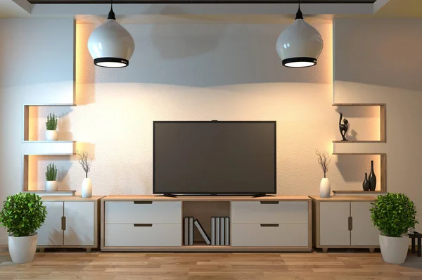 Design d'intérieur, salon moderne avec smart tv, table, lampe, bois — Photo