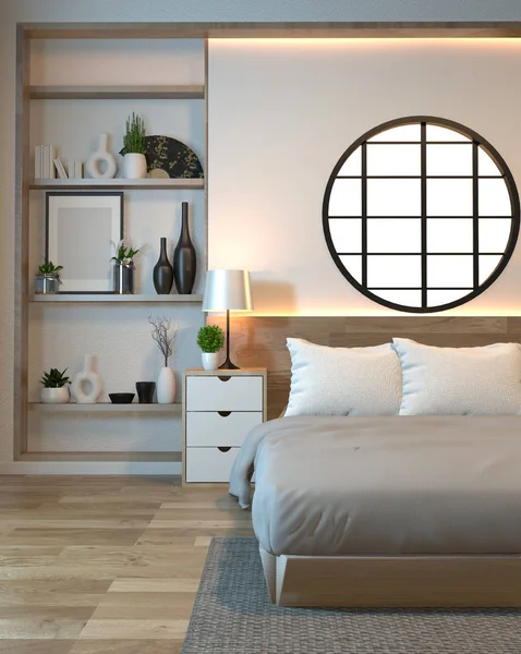 Modern zen peaceful Bedroom. japan style bedroom with shelf wall