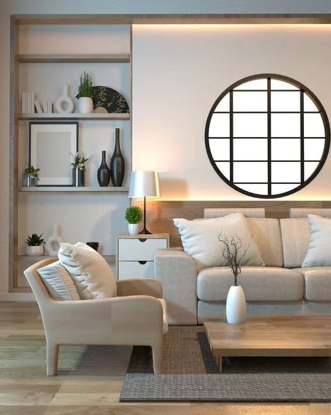 Ruang desain interior minimal zen gaya dengan sofa, kursi lengan, rendah — Stok Foto