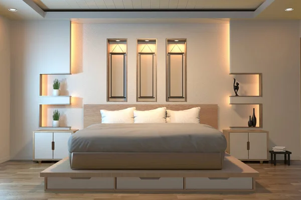 モダンな禅の平和なベッドルーム。棚の壁が付いている日本式の寝室 — ストック写真