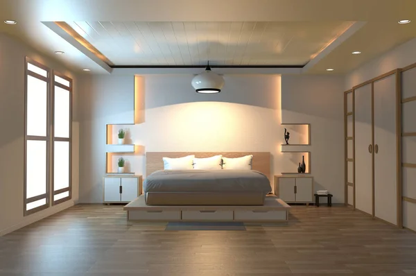 Modernes Zen friedliches Schlafzimmer. Schlafzimmer im japanischen Stil mit Regalwand — Stockfoto