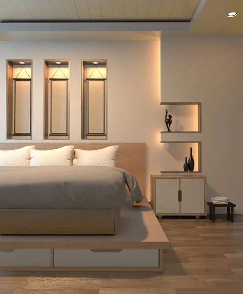 Modernes Zen friedliches Schlafzimmer. Schlafzimmer im japanischen Stil mit Regalwand — Stockfoto
