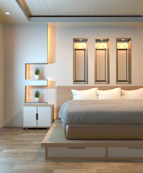Moderno zen tranquilo dormitorio. dormitorio de estilo japonés con pared de estante — Foto de Stock