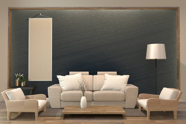 minimal interior design dark room zen style with sofa, arm chair