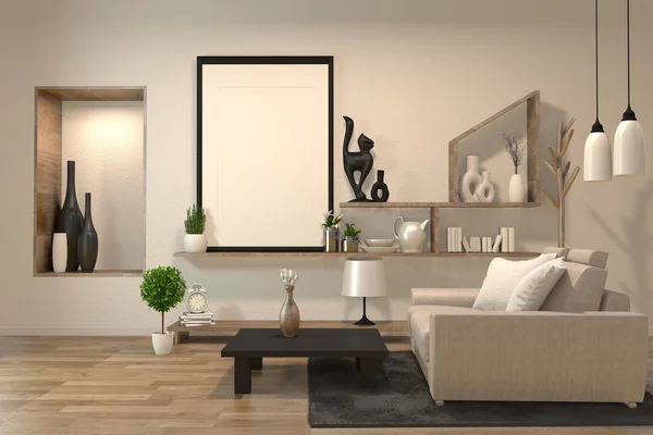 Habitación de diseño interior minimalista estilo zen con sofá, sillón, bajo — Foto de Stock