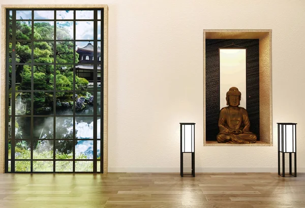 Minimalist modern zen living room with wood floor and decor japa