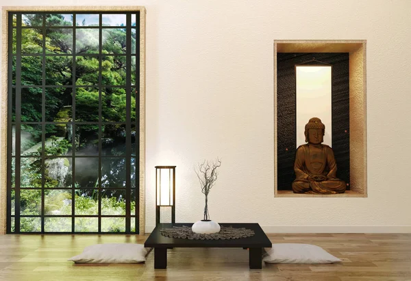 Minimalist modern zen living room with wood floor and decor japa