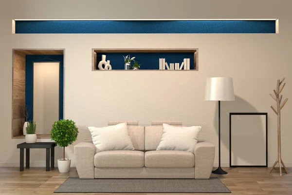 Ruang desain interior minimal zen gaya dengan sofa, kursi lengan, rendah — Stok Foto