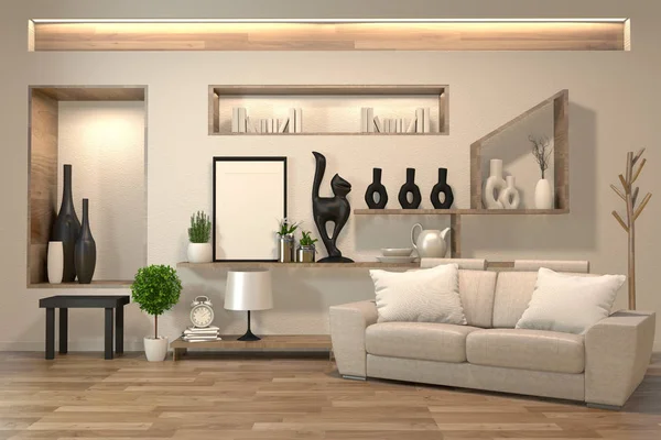 Design minimale interno in stile zen con divano, poltrona, basso — Foto Stock