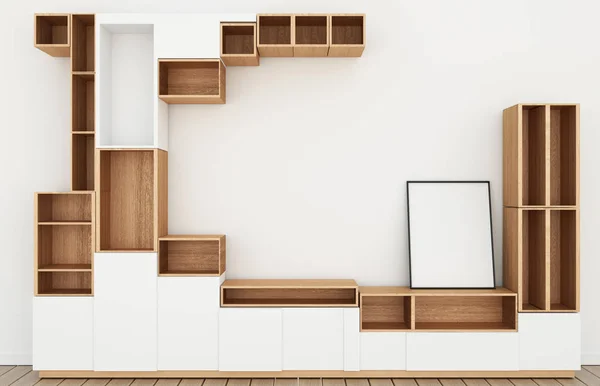Cabinet design mockup in modern empty room,white floor wooden on