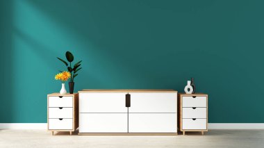 modern boş odada dolap, ahşap zemin üzerinde koyu yeşil duvar, 3d