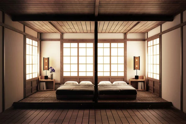Schlafzimmer. Schlafzimmer im Zen-Stil. Gelassenheit. Holzbett mit Tatami — Stockfoto