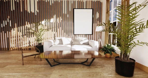 Japonský obývací pokoj s bílou zdí na pozadí. prostorové vykreslení — Stock fotografie
