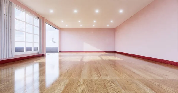 Interior de la habitación vacía con suelo de madera sobre fondo de pared blanco . — Foto de Stock