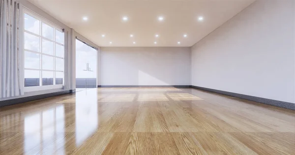 Interior de la habitación vacía con suelo de madera sobre fondo de pared blanco . — Foto de Stock