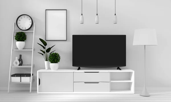 TV en el gabinete en la sala de estar moderna con lámpara, gabinete, marco y — Foto de Stock