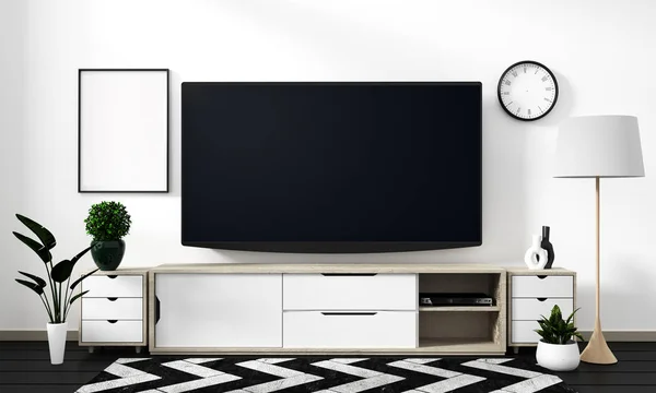 white wall on black floor - mock up room smart tv on cabinet des