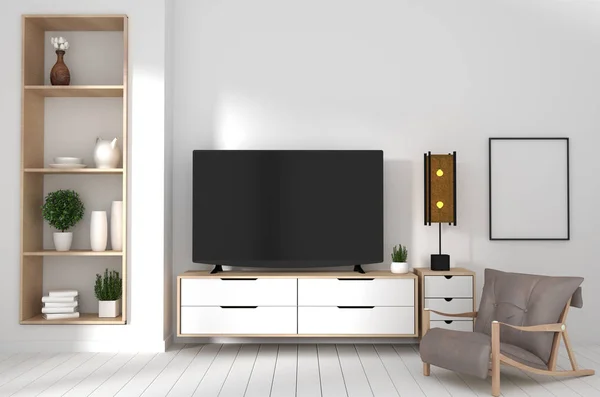 TV cabinet on white wood flooring and white wall, minimalist and