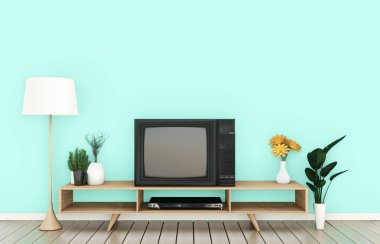 Japon oturma odasında nane duvarında Smart Tv Mockup. 3d renderi