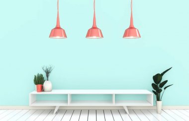 Japon oturma odasında nane duvarında Smart Tv Mockup. 3d renderi