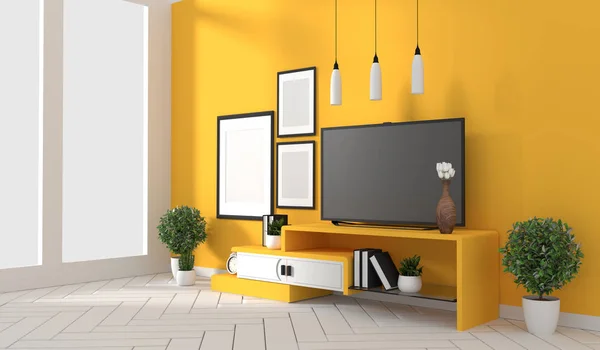 Tv cabinet in yellow modern room,minimal designs, zen style. 3d