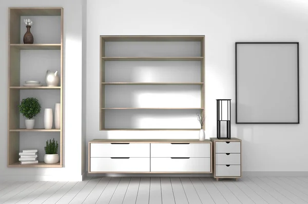 Gabinete en pisos de madera blanca y pared blanca, minimalista y ze —  Fotos de Stock