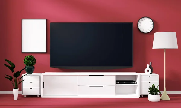 Smart Tv Mockup with blank black screen on cabinet and decoratio — Stock Photo, Image