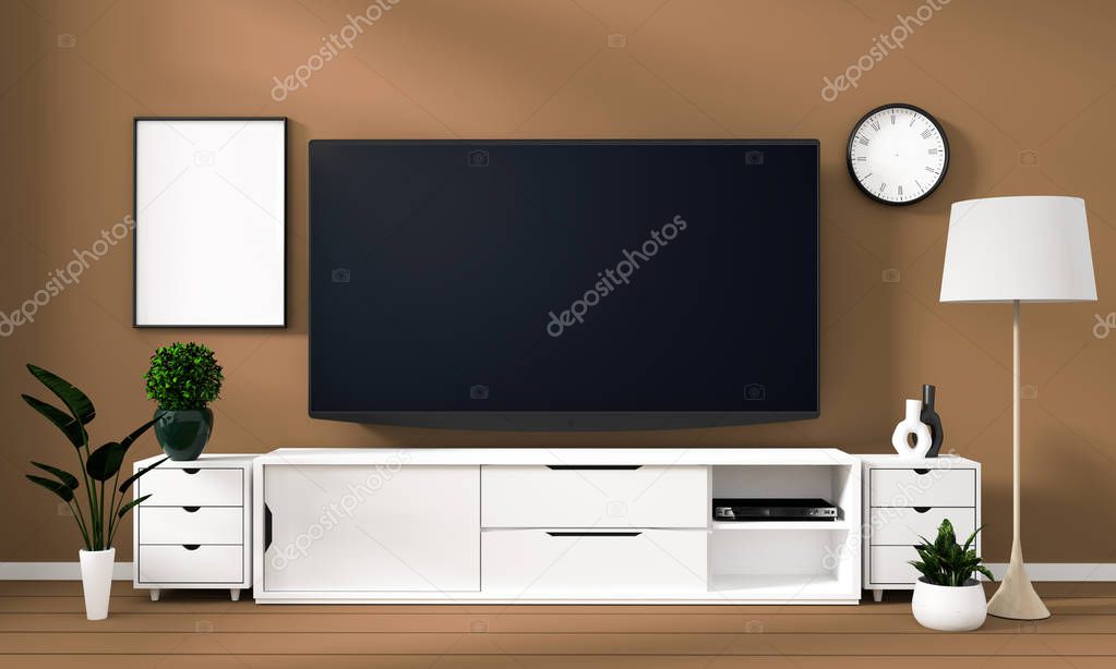 Smart Tv Mockup with blank black screen on cabinet and decoratio