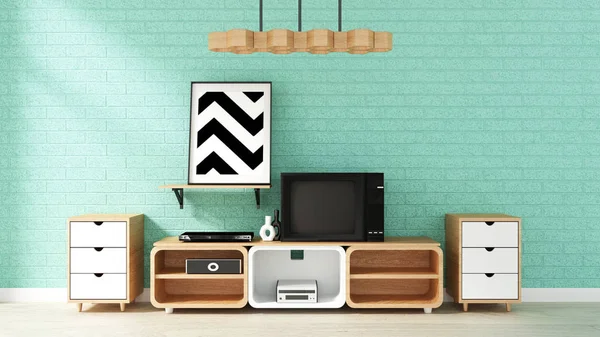 Tv Mockup on mint wall in japanese living room. 3d rendering