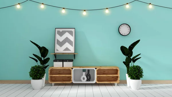 Tv cabinet in modern zen mint room minimal designs, 3d rendering