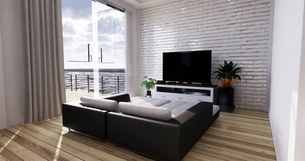 Sea view living room in modern beach summer home. 3D rendering