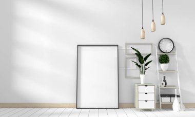 Beyaz ahşap zemin ile beyaz oturma odasında Modern alay. 3d 