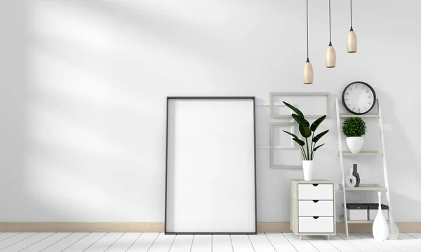 Mock up modern in witte woonkamer met witte houten vloer. 3d — Stockfoto