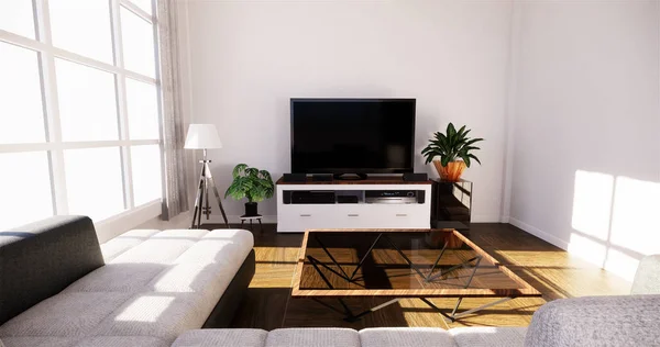 Smart-tv-Attrappe mit leerem schwarzen Bildschirm hängt auf dem Schrank d — Stockfoto