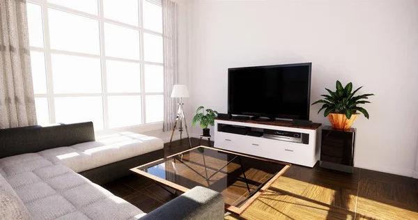 Smart Tv Mockup with blank black screen hanging on the cabinet d — Stock Photo, Image