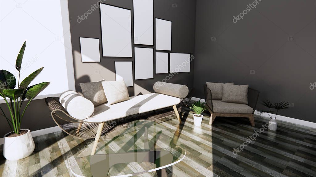 Modern interior with sofa and arm chair on room dark Wall and fl