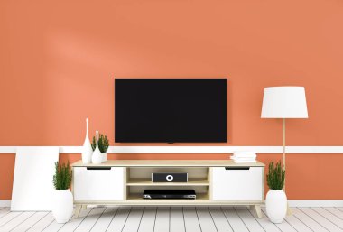 Turuncu modern odada tv dolabı, minimal tasarımlar, zen tarzı. 3d 